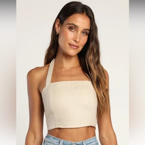 Lulus Tops - Lulus Double Digits Beige Linen Halter Crop Top
